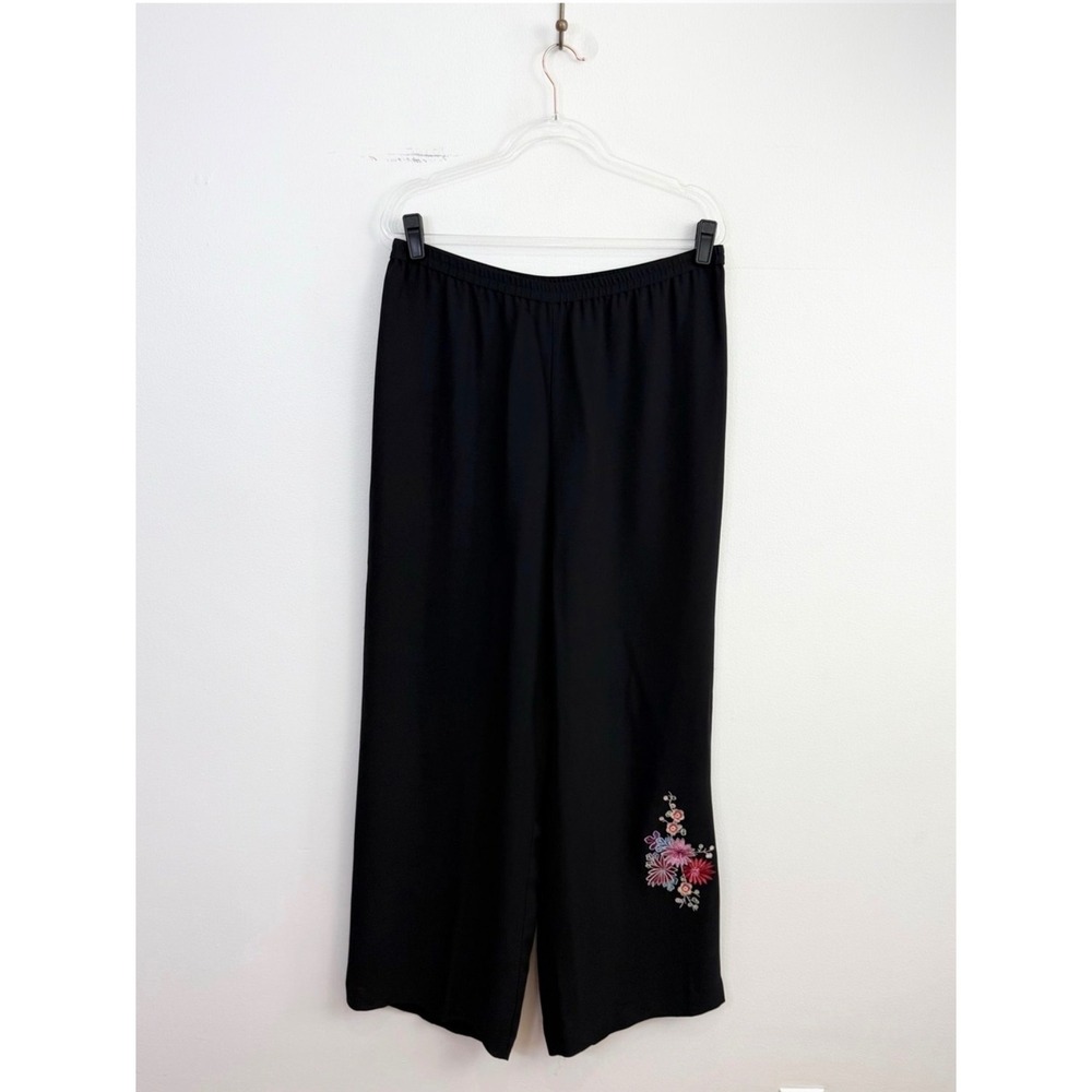 Sue Wong Vintage Y2K Silk Floral Embroidered Wide Leg Pants Black L